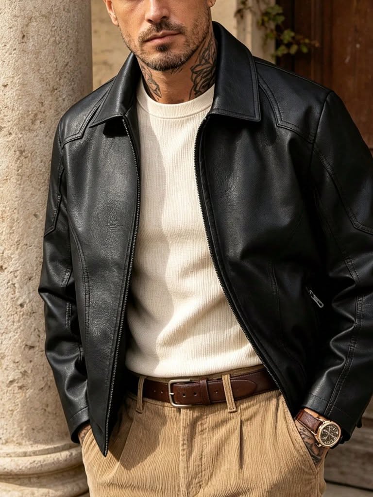 Casual Black Faux Leather Jacket — Shirt Collar, Full Zip Closure