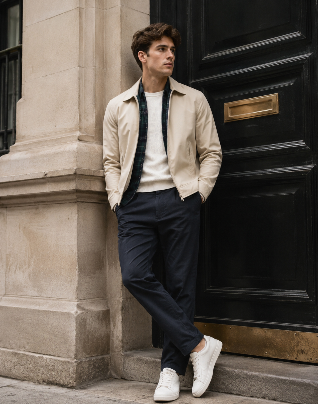 casual light beige harrington jacket — point collar, full zip closure, elasticated cuffs and hem, flap pockets (implied)