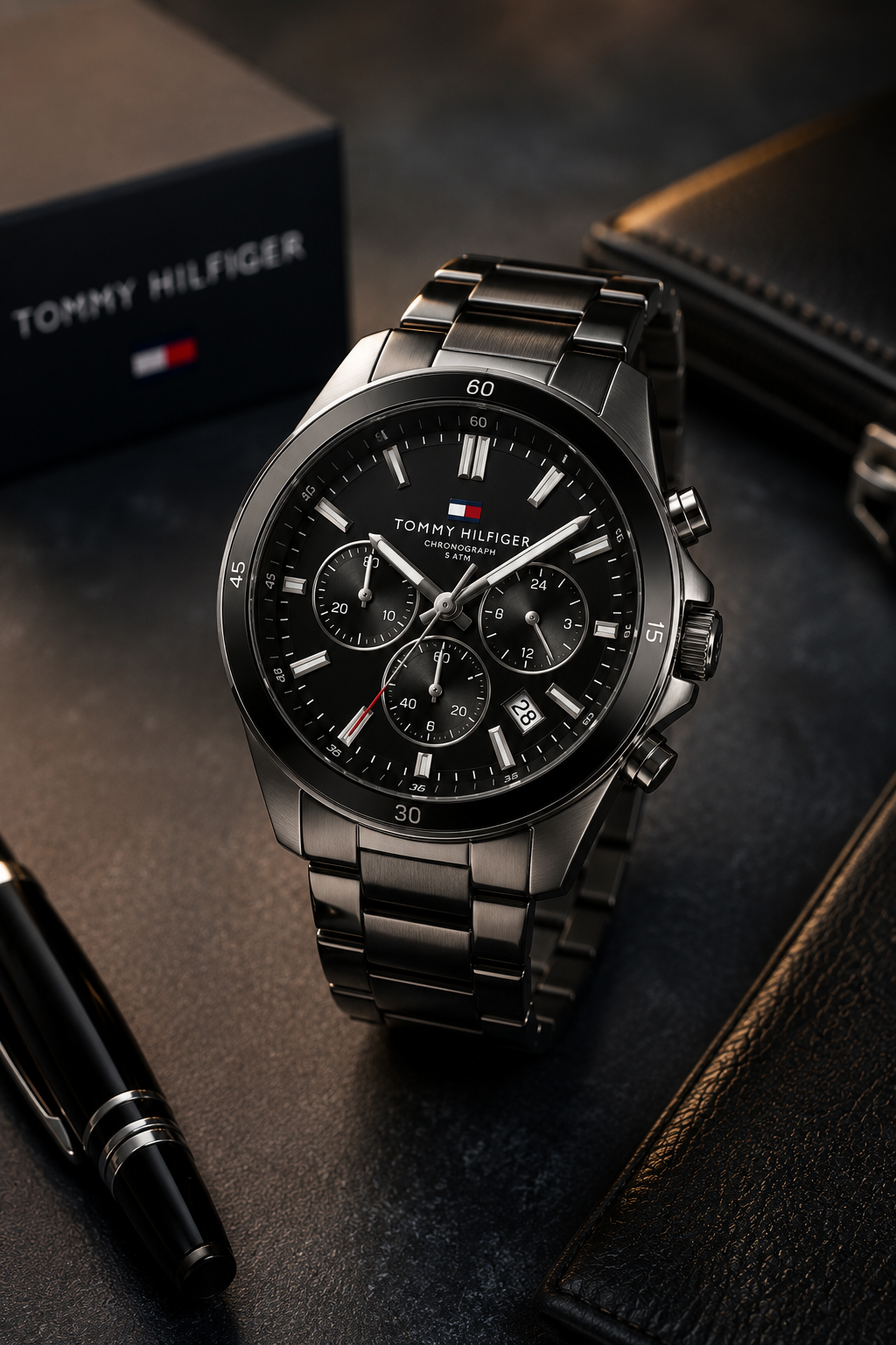 Tommy Hilfiger Black Chronograph Watch — Three Subdials, Date Window