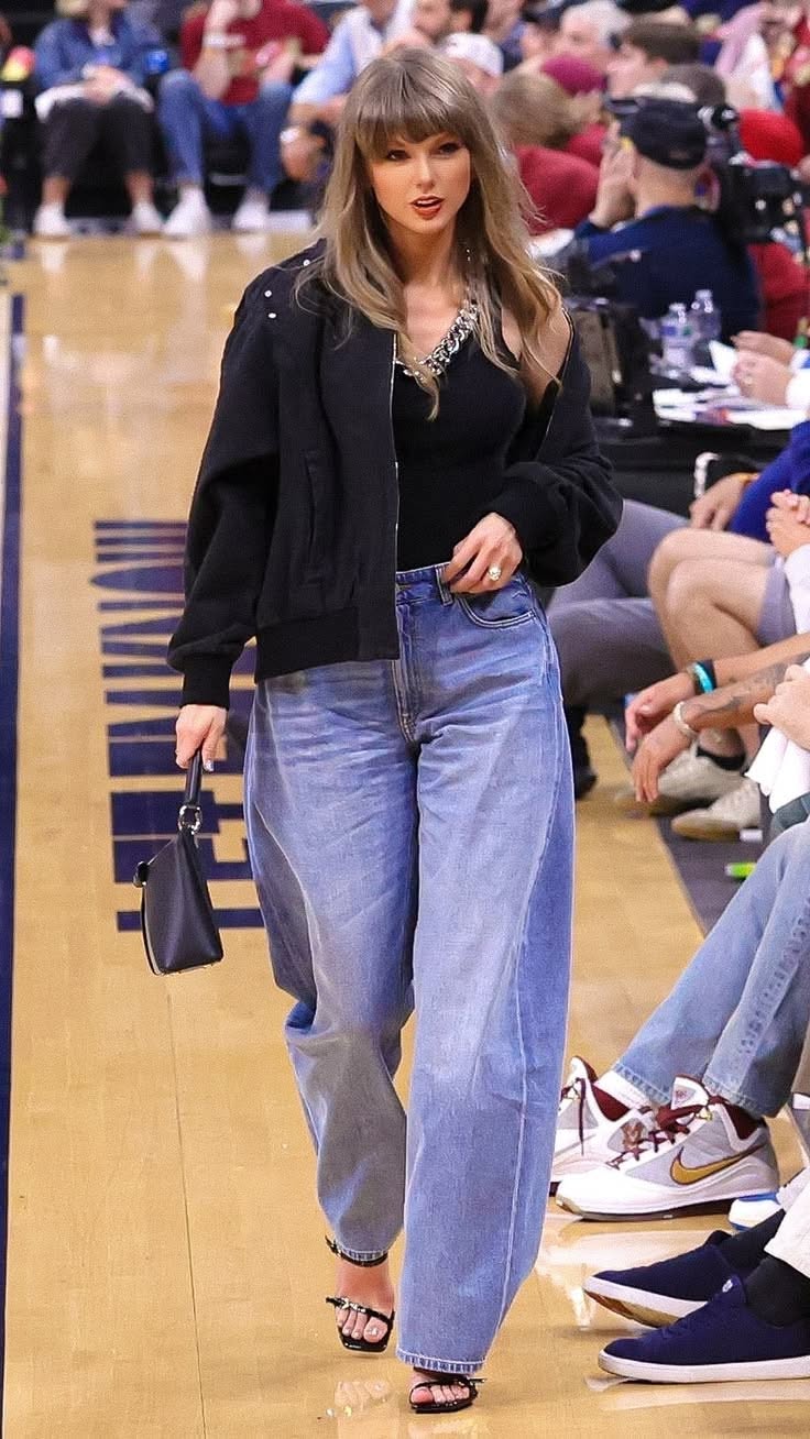 Taylor Swift Black, Light Wash Blue Bomber Jacket, Wide Leg Jeans