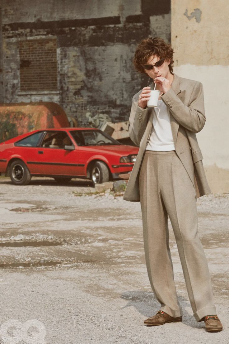 Timothee Chalamet Taupe Suit — Single-breasted Blazer, Notched