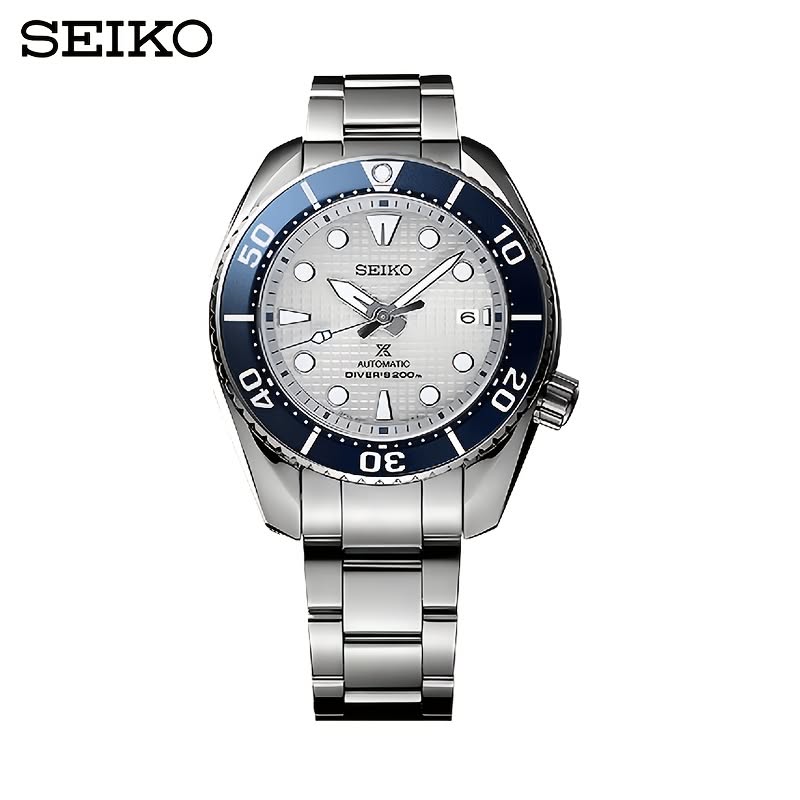 Seiko silver and blue diver watch — automatic movement, rotating bezel, luminous hands and markers, date window, metallic bracelet