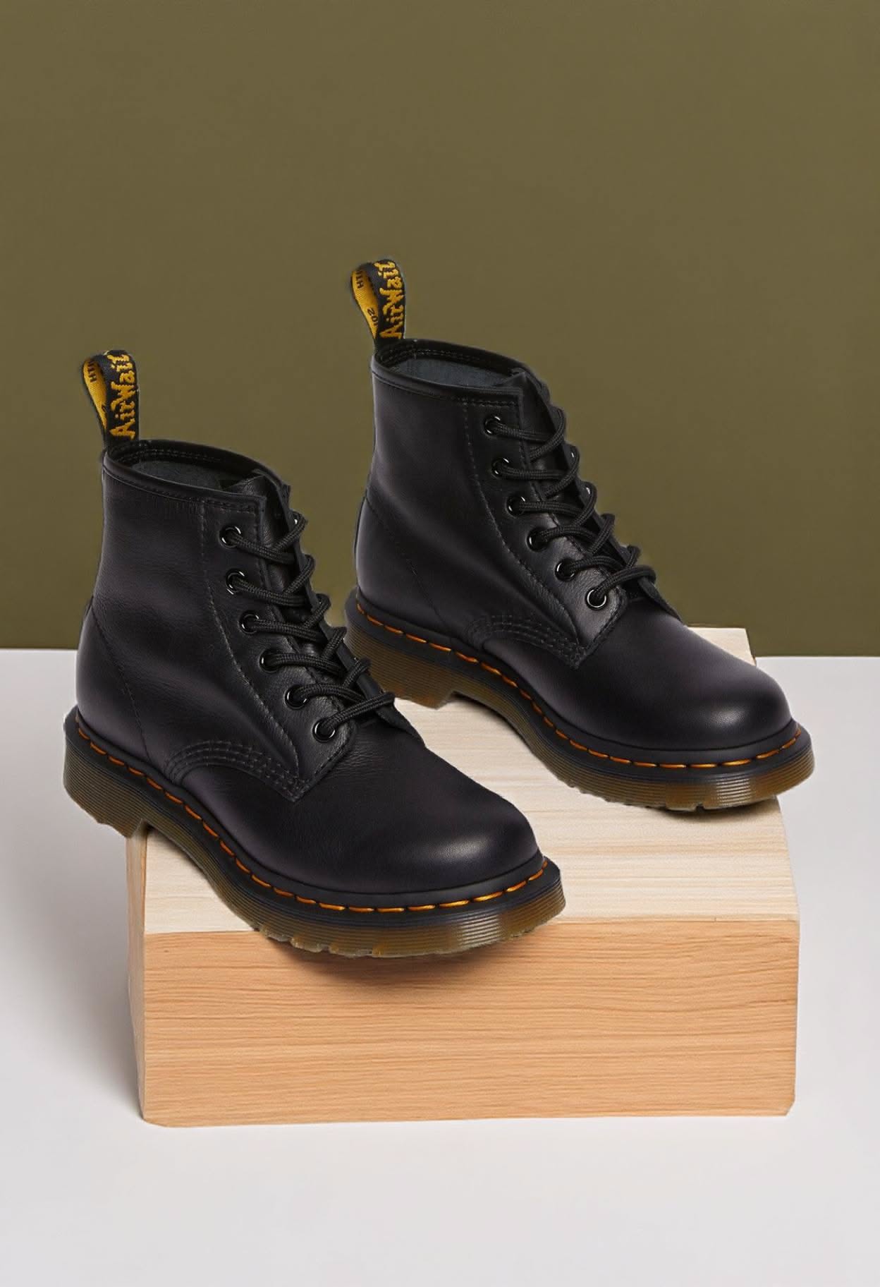 Dr. Martens Black Ankle Boots — 6-eyelet Lace-up, Yellow Welt