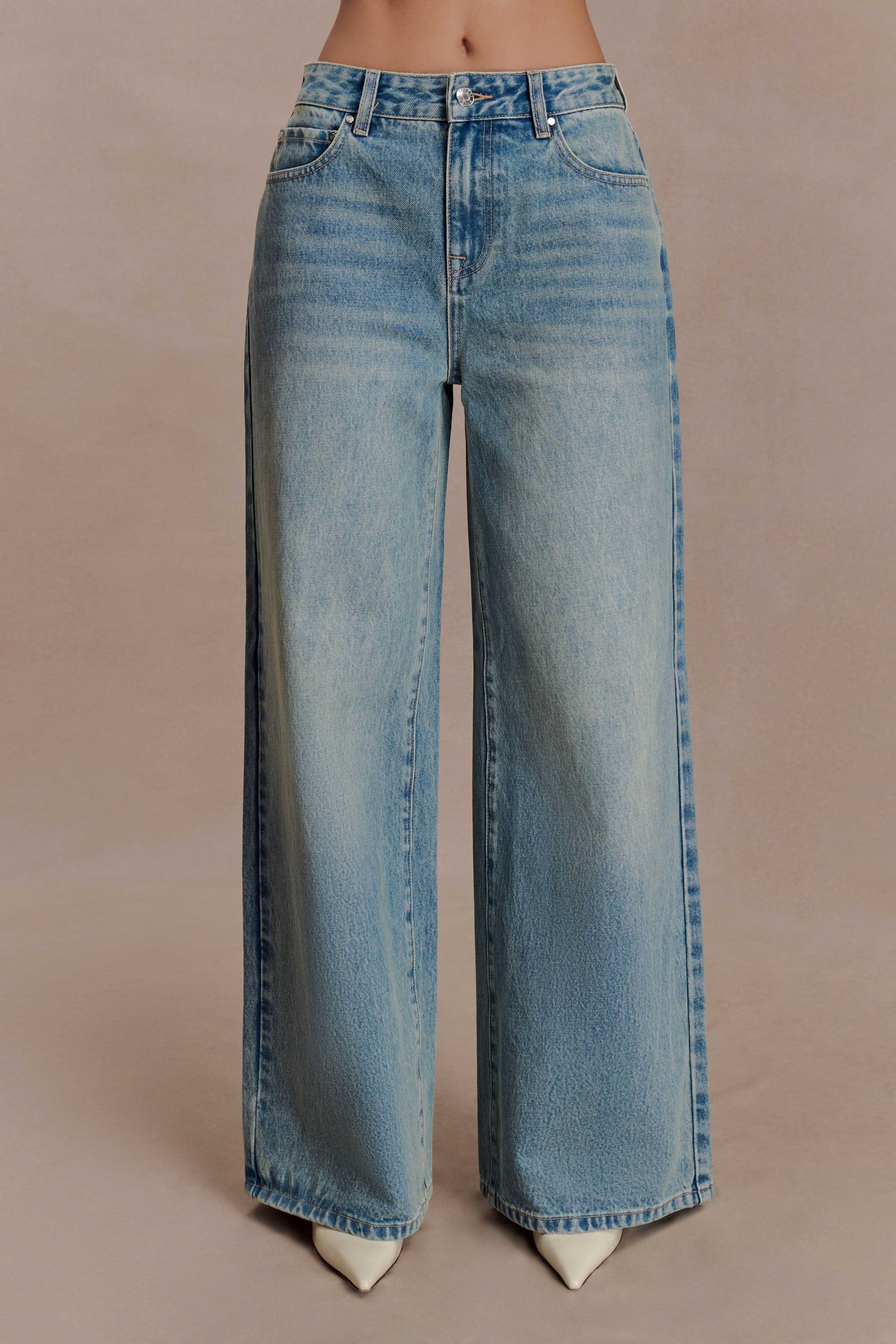 Casual Faded Mid Blue Wide Leg Jeans — Classic Five-pocket Styling