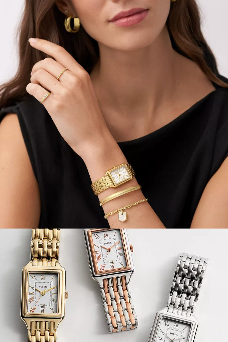 Fossil gold-tone watch — rectangular case, link bracelet, white dial, Roman numerals, date window