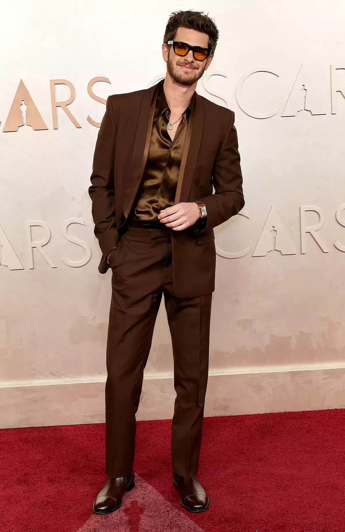 Andrew Garfield Dark Brown Suit — Single-breasted Blazer with Satin