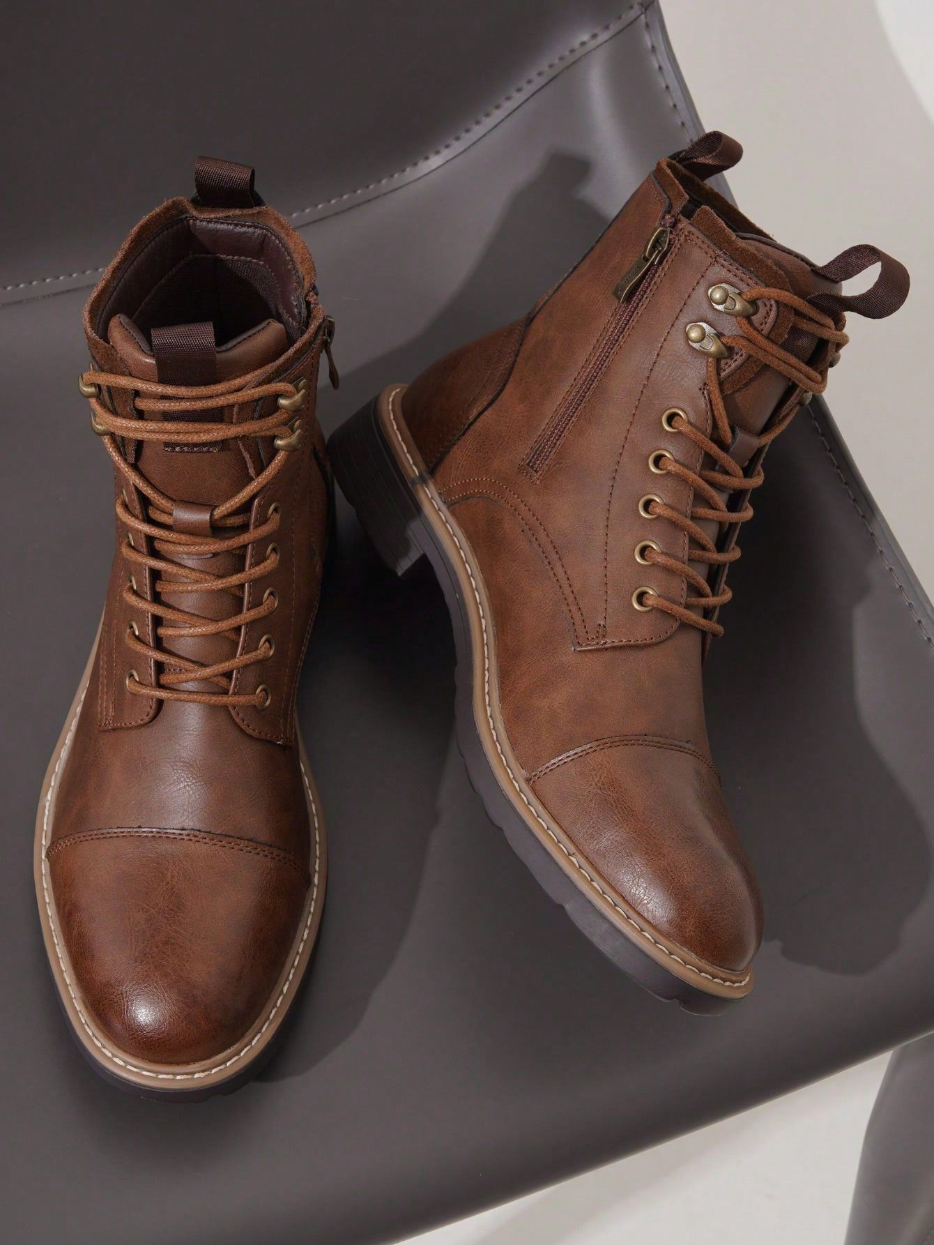 Casual Brown Combat Boots — Lace-up Front, Side Zipper Closure, Cap
