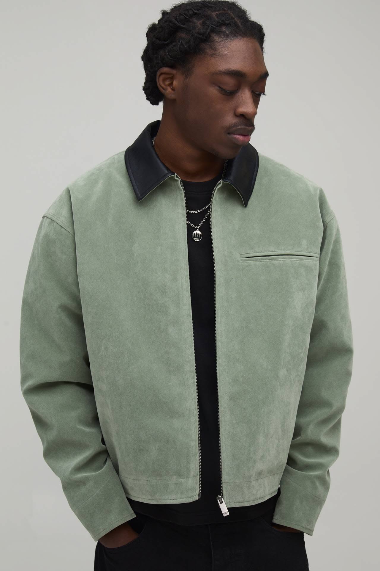 Casual Sage Green Harrington Jacket — Black Contrast Collar, Full Zip