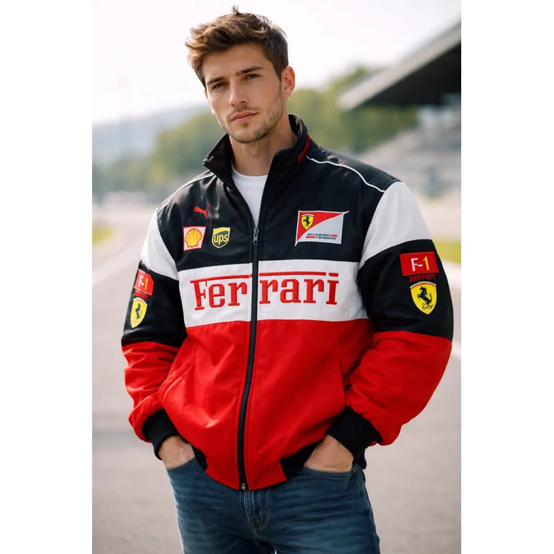 Ferrari / Puma black, red, and white color block racing jacket — full zip closure, stand-up collar, ribbed cuffs and hem, Ferrari and sponsor logos, long sleeves