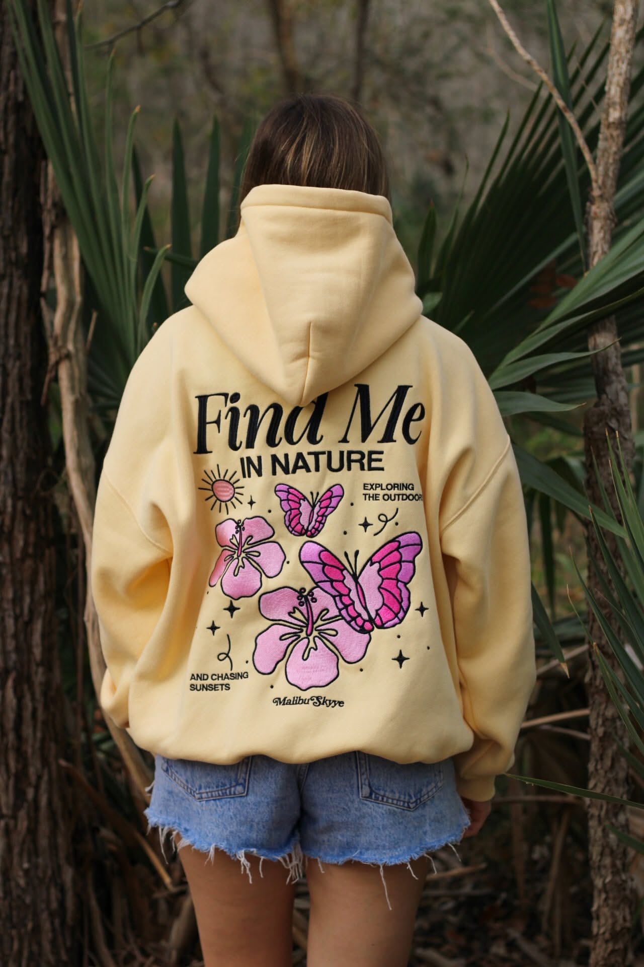 Malibu Skyye Butter Yellow Hoodie — Find me in Nature Text, Butterfly