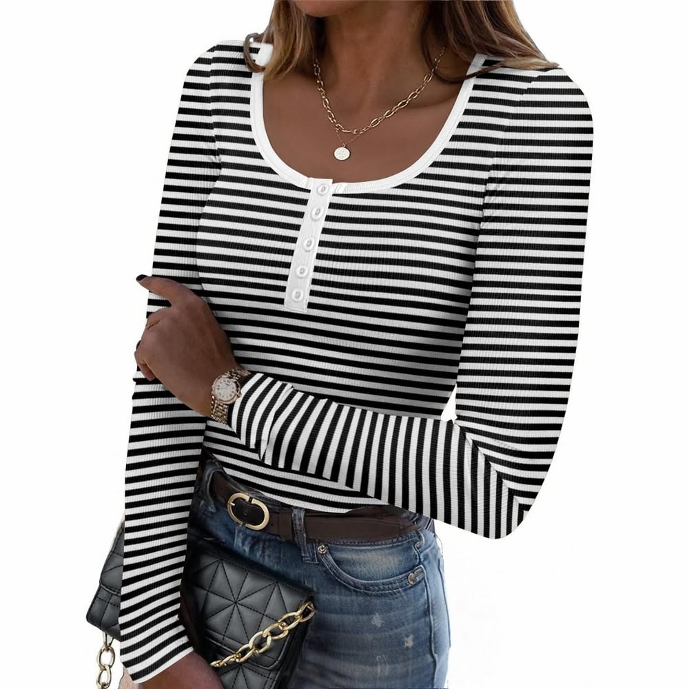 Zeagoo Black and White Henley Shirt — Scoop Neckline, Long Sleeves