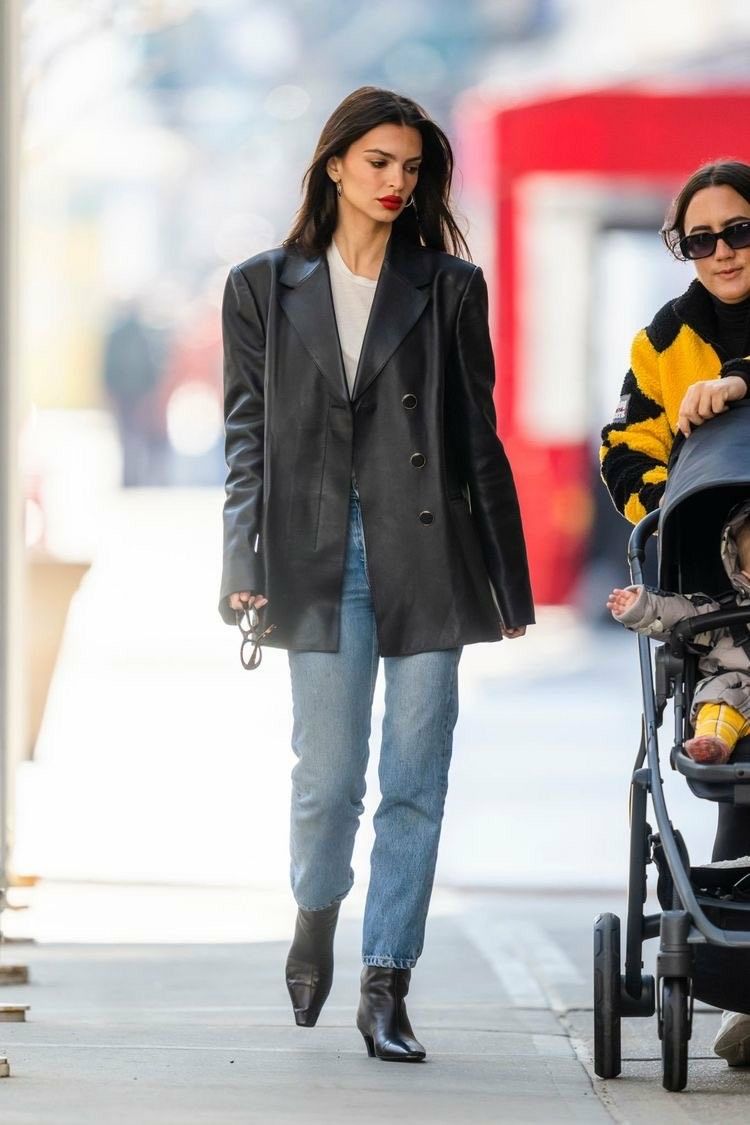 Emily Ratajkowski Black Leather Blazer — Notch Lapels