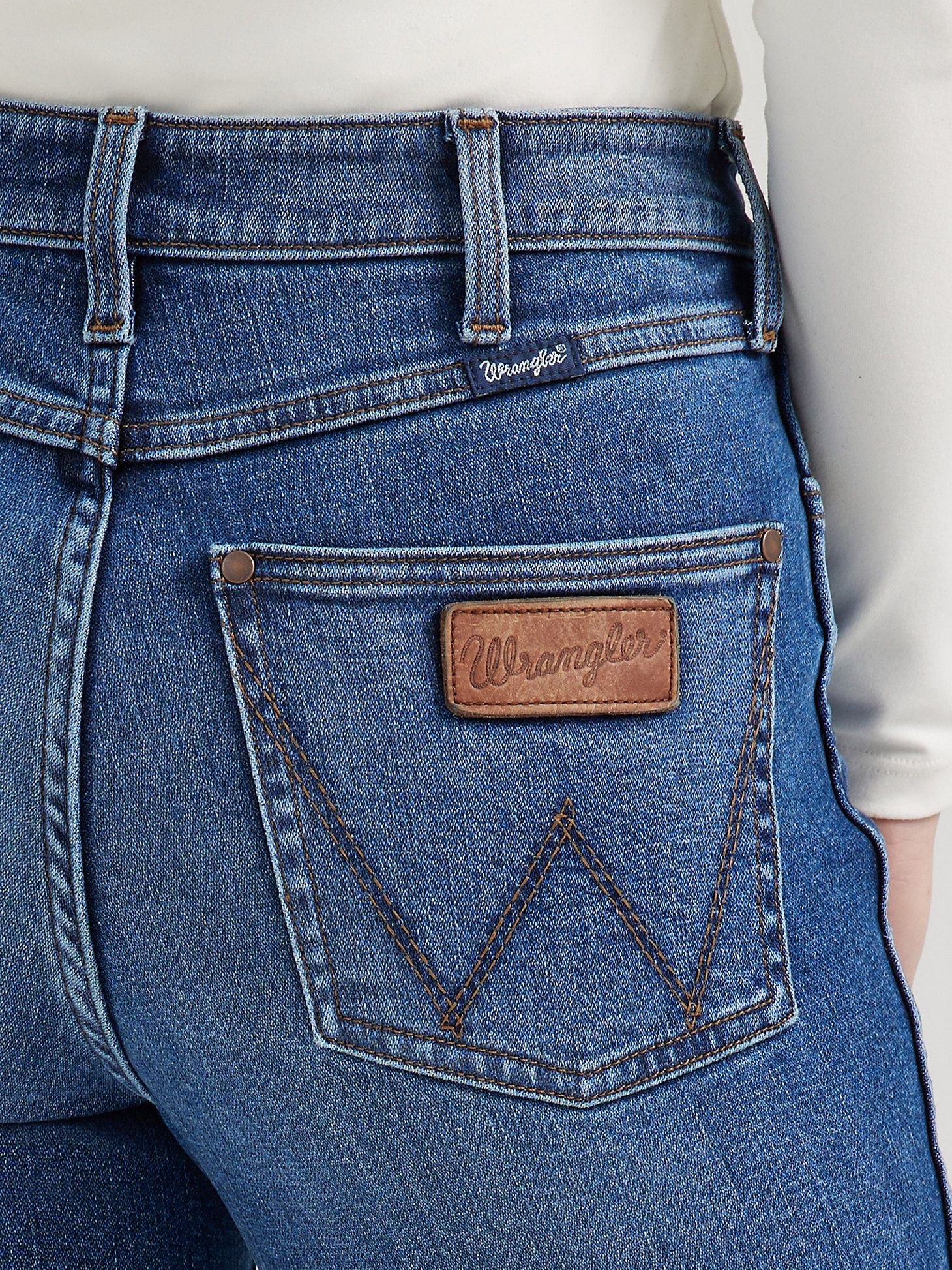 Wrangler Medium Blue Wash Jeans — Wrangler Leather Patch, 'w'