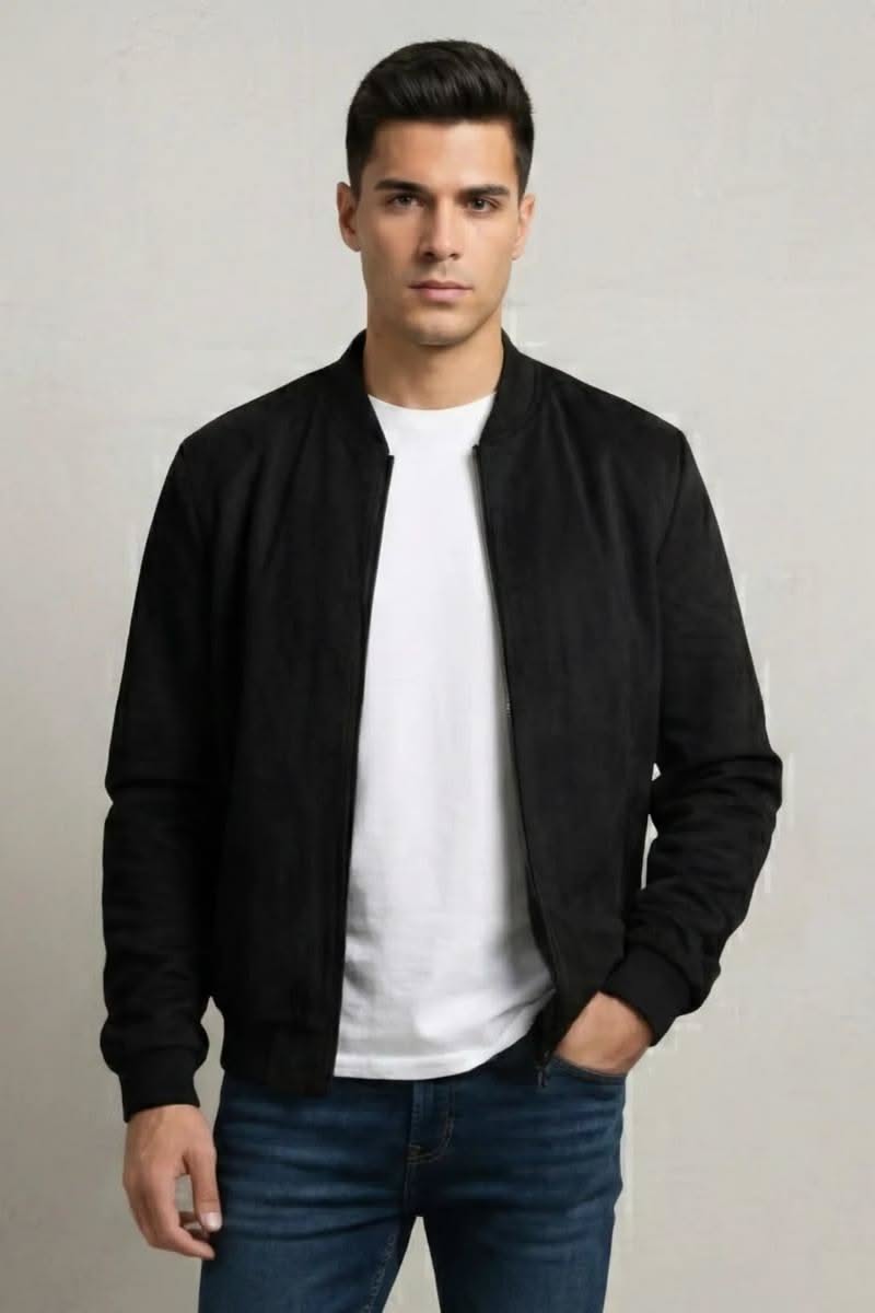 Casual Black Bomber Jacket — Ribbed Collar, Cuffs, and Hem, Front Zip