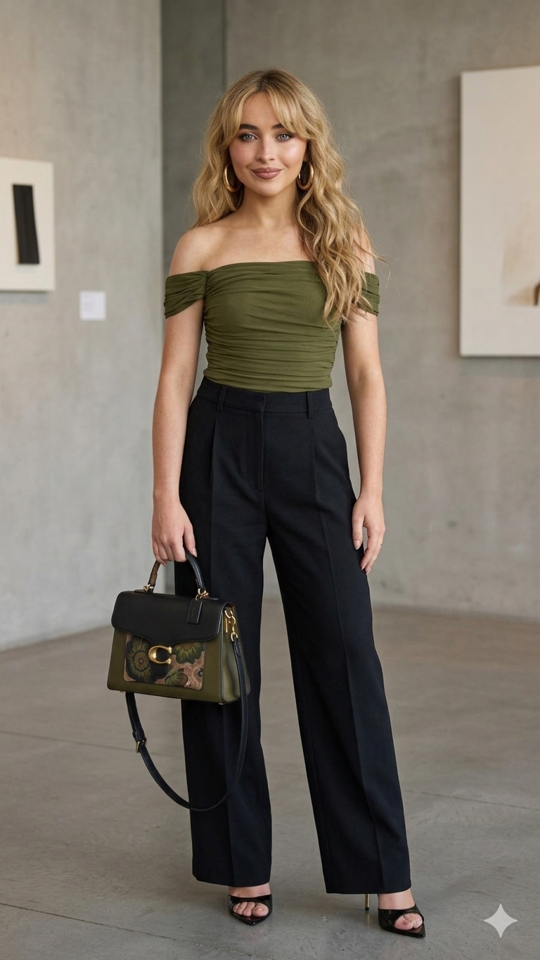 Sabrina Carpenter Olive Green Off-the-shoulder Top — Off-the-shoulder