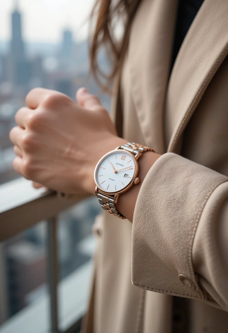 Sorelle rose gold and silver two-tone wrist watch — round white dial, date window, Roman numeral VI and XII, stick hour markers, rose gold hands, two-tone metal link bracelet