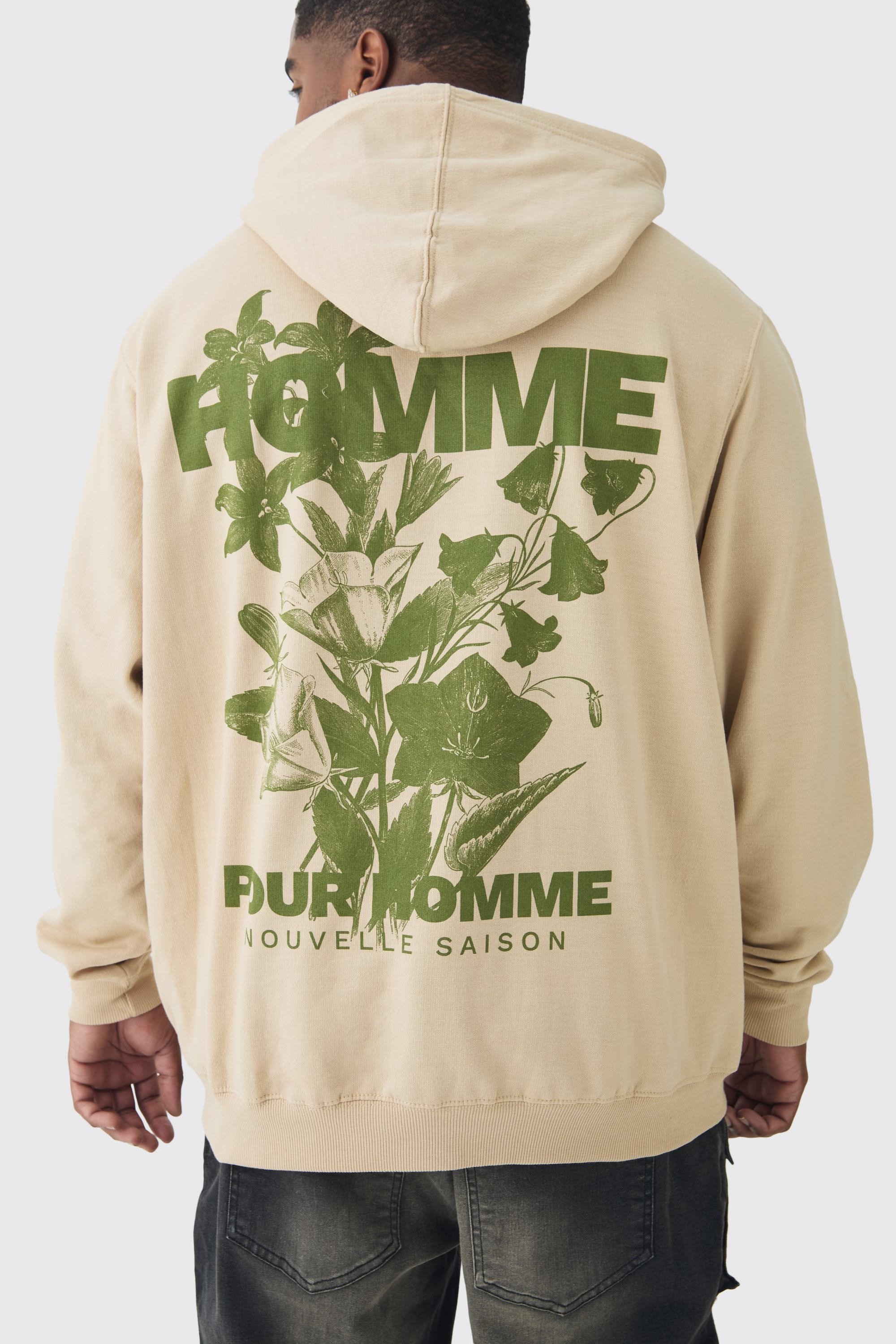 Streetwear Sand Beige Hoodie — Green Graphic Print on Back, 'homme'