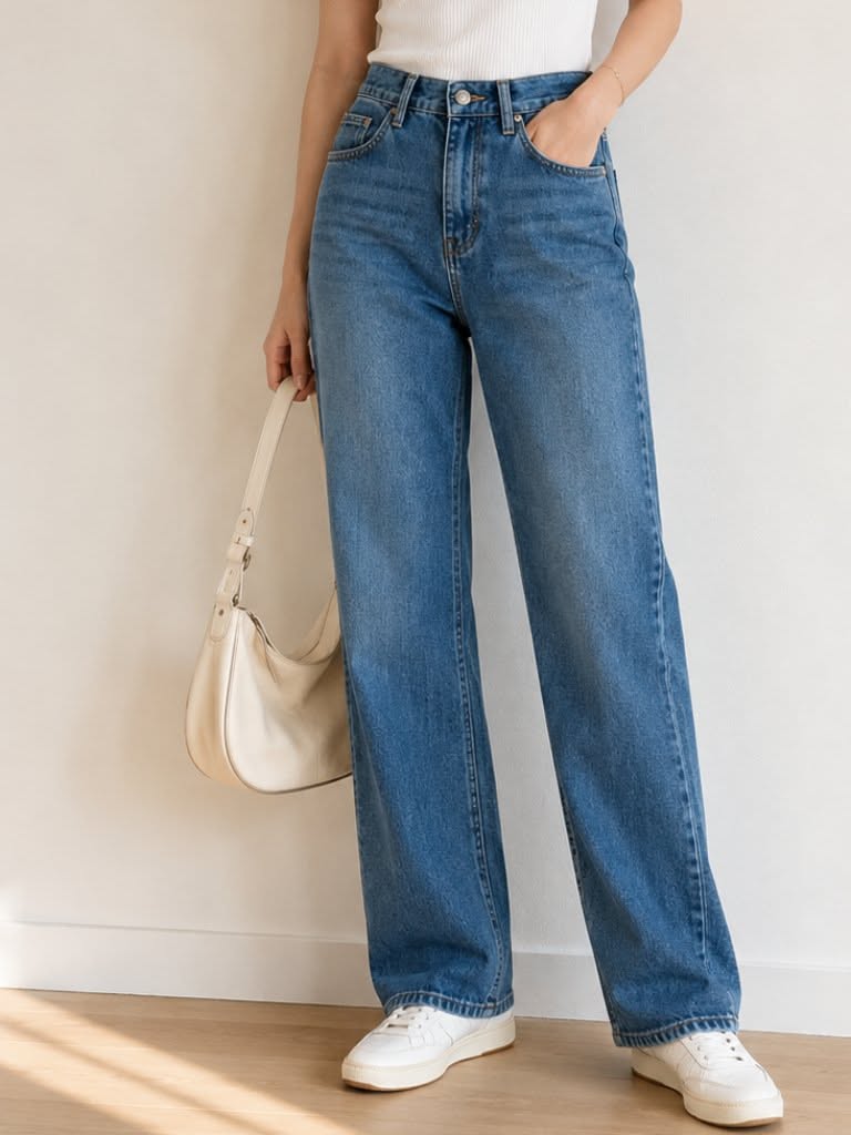 Casual Medium Wash Blue Jeans — Classic Five-pocket Styling, Button