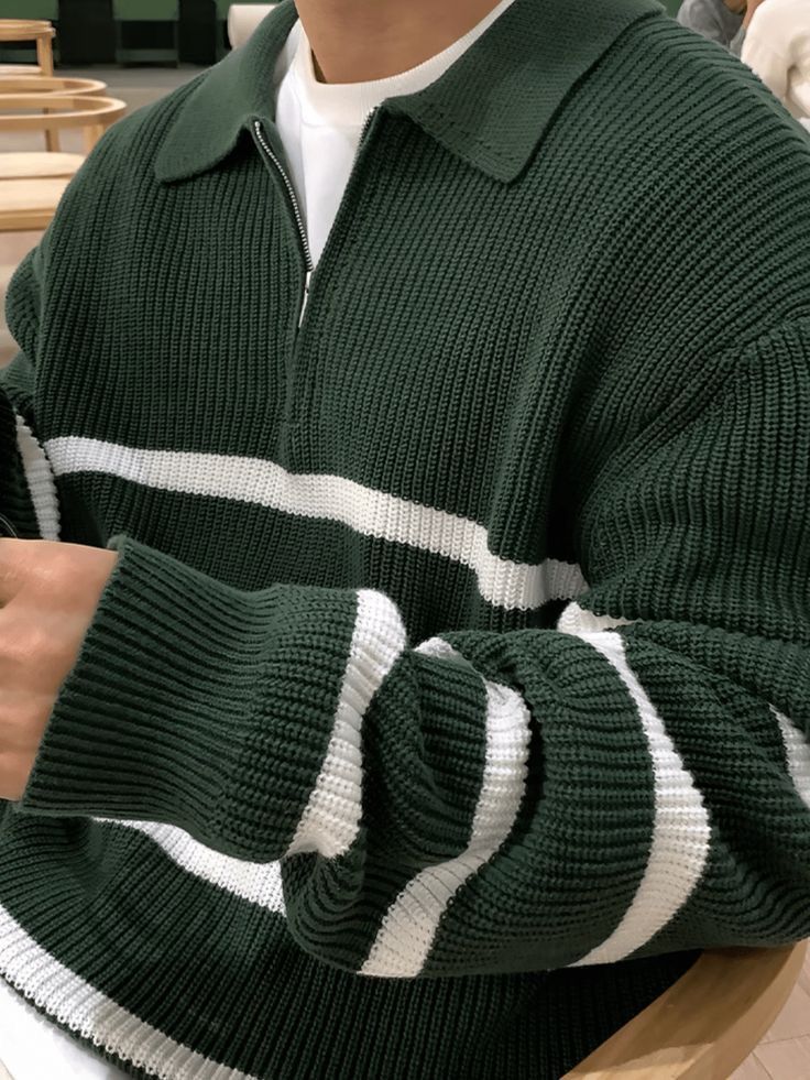 Casual Dark Green with White Stripes Quarter-zip Sweater — Collar