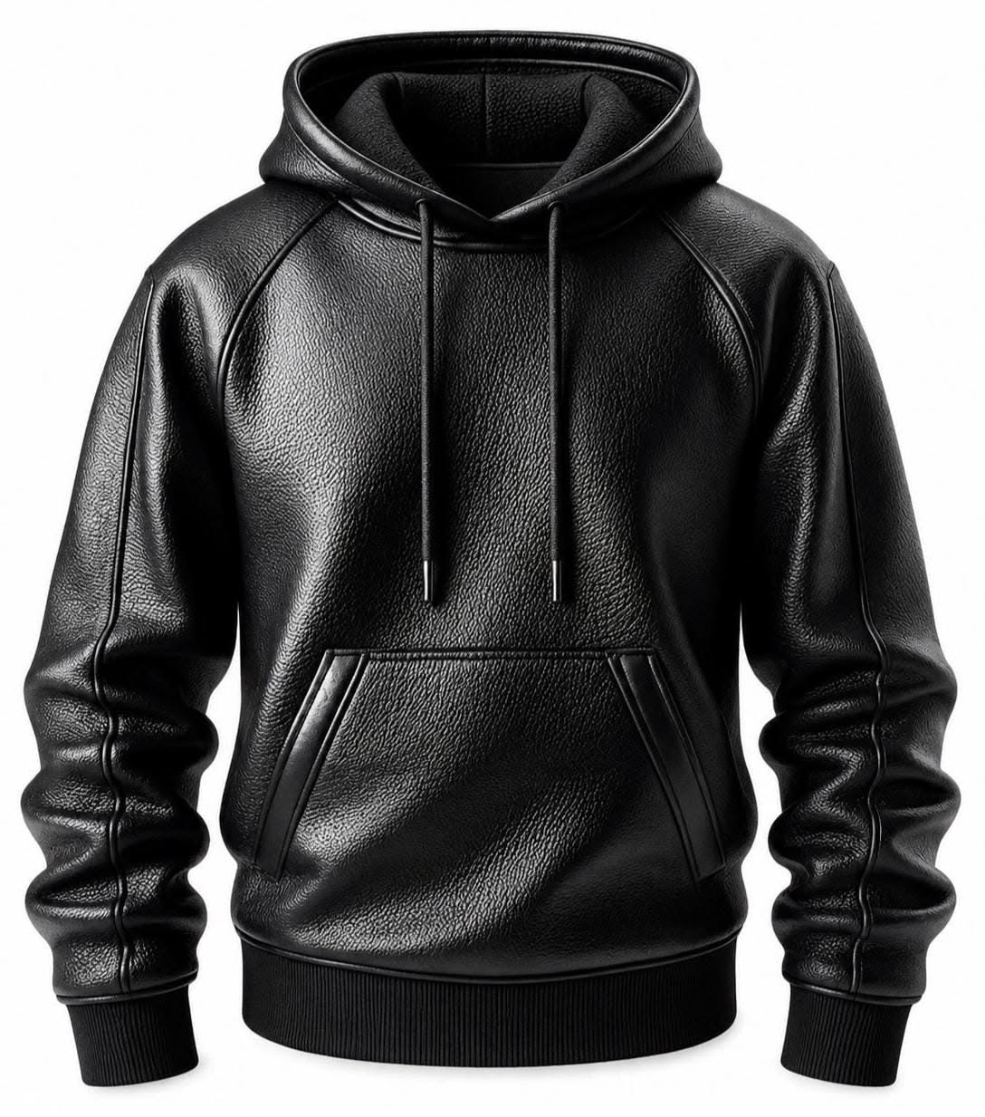 Streetwear Black Leather Hoodie — Hooded Pullover, Drawstring