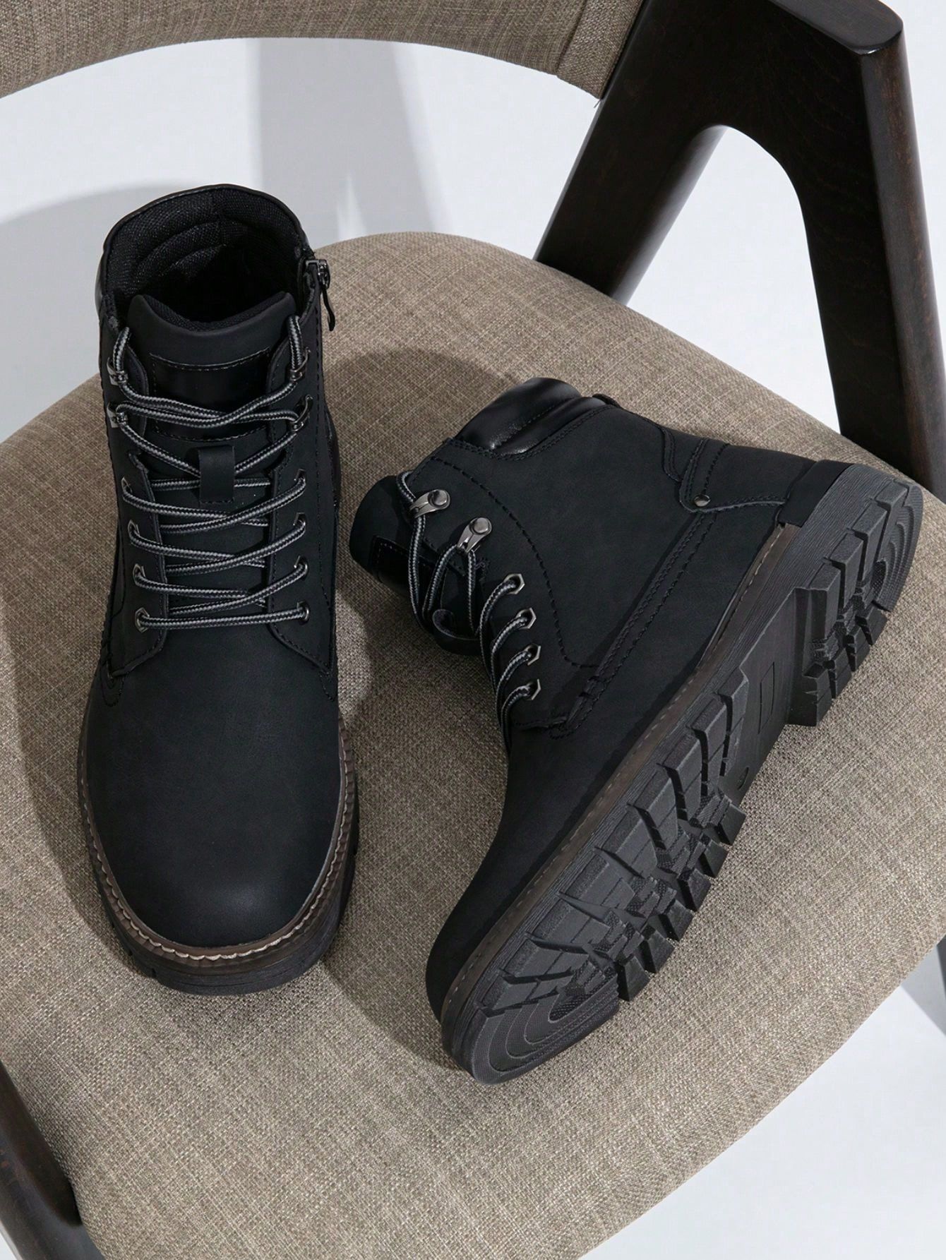Casual Matte Black Ankle Boots — Side Zipper, Lug Sole, Contrast