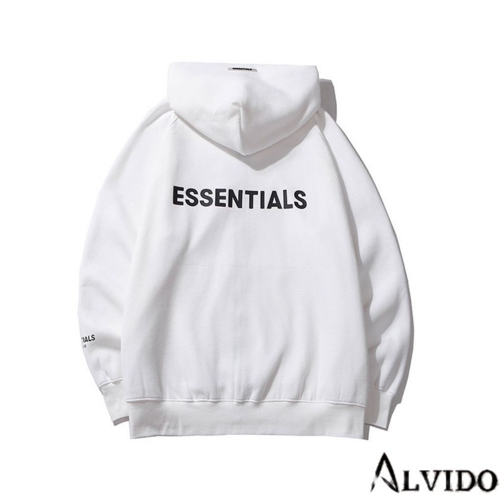 Fear of God Essentials white hoodie — drawstring hood, ribbed cuffs and hem, 'Essentials' back print, raglan sleeves