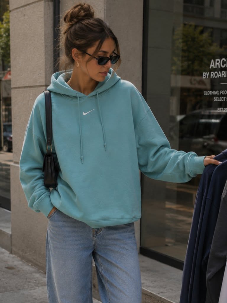 Nike Teal Blue Hoodie — Drawstring Hood, Kangaroo Pocket, Ribbed