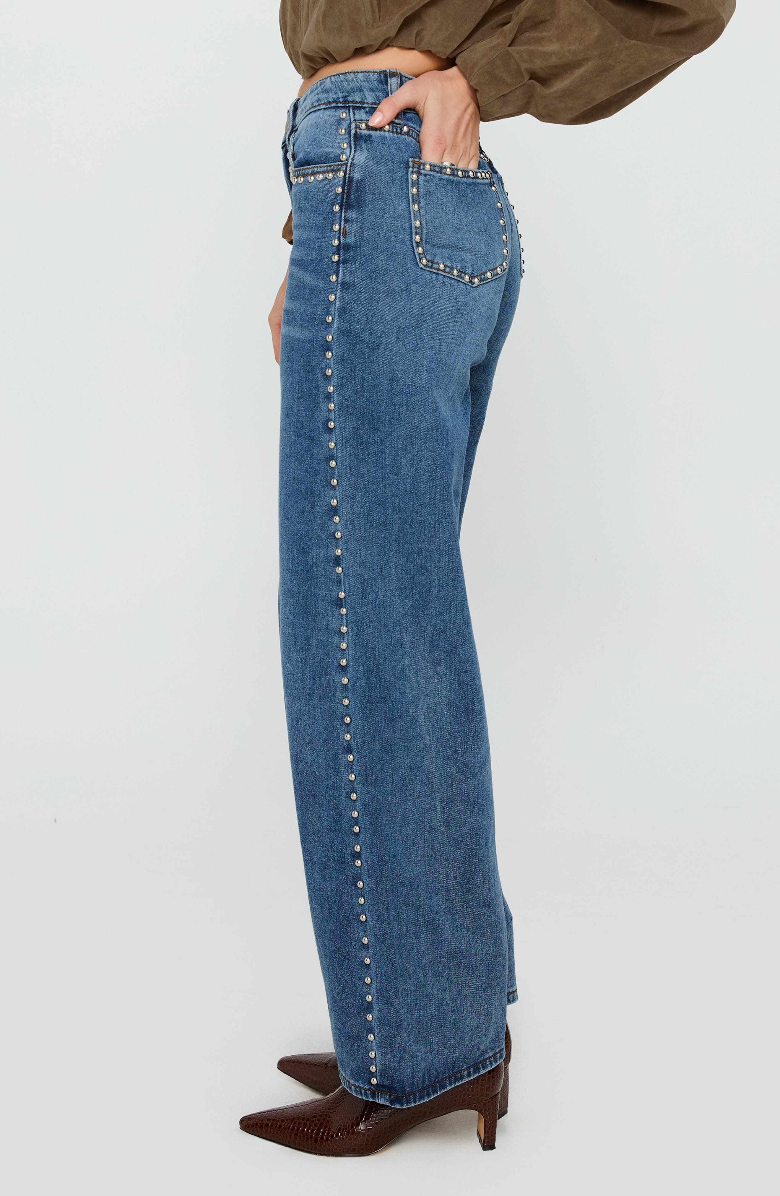 casual mid blue denim jeans — silver stud embellishment on front seams, pockets, and waistband