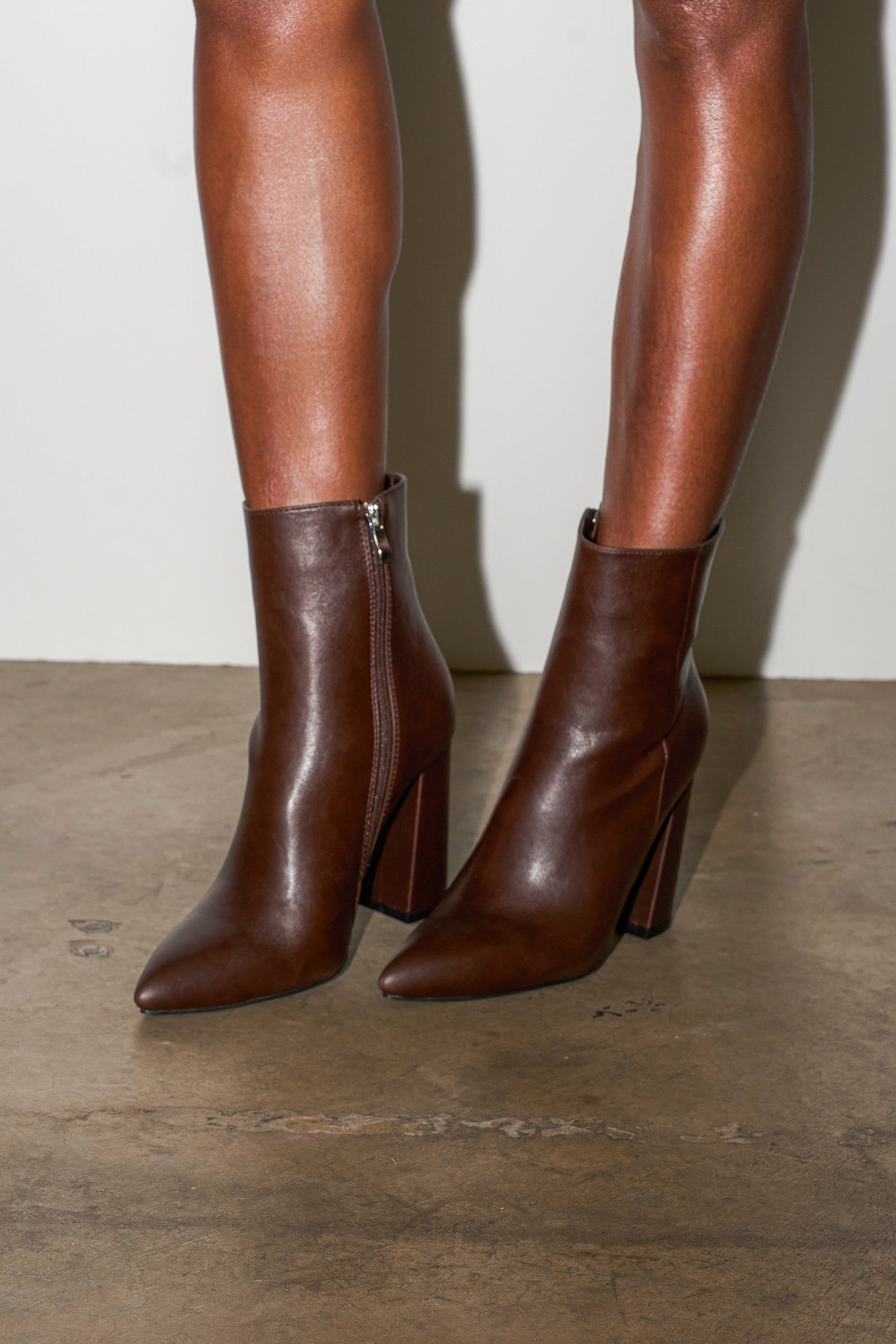 Casual chocolate brown ankle boots — pointed toe, block heel, side zipper closure with silver-tone hardware, ankle-high shaft