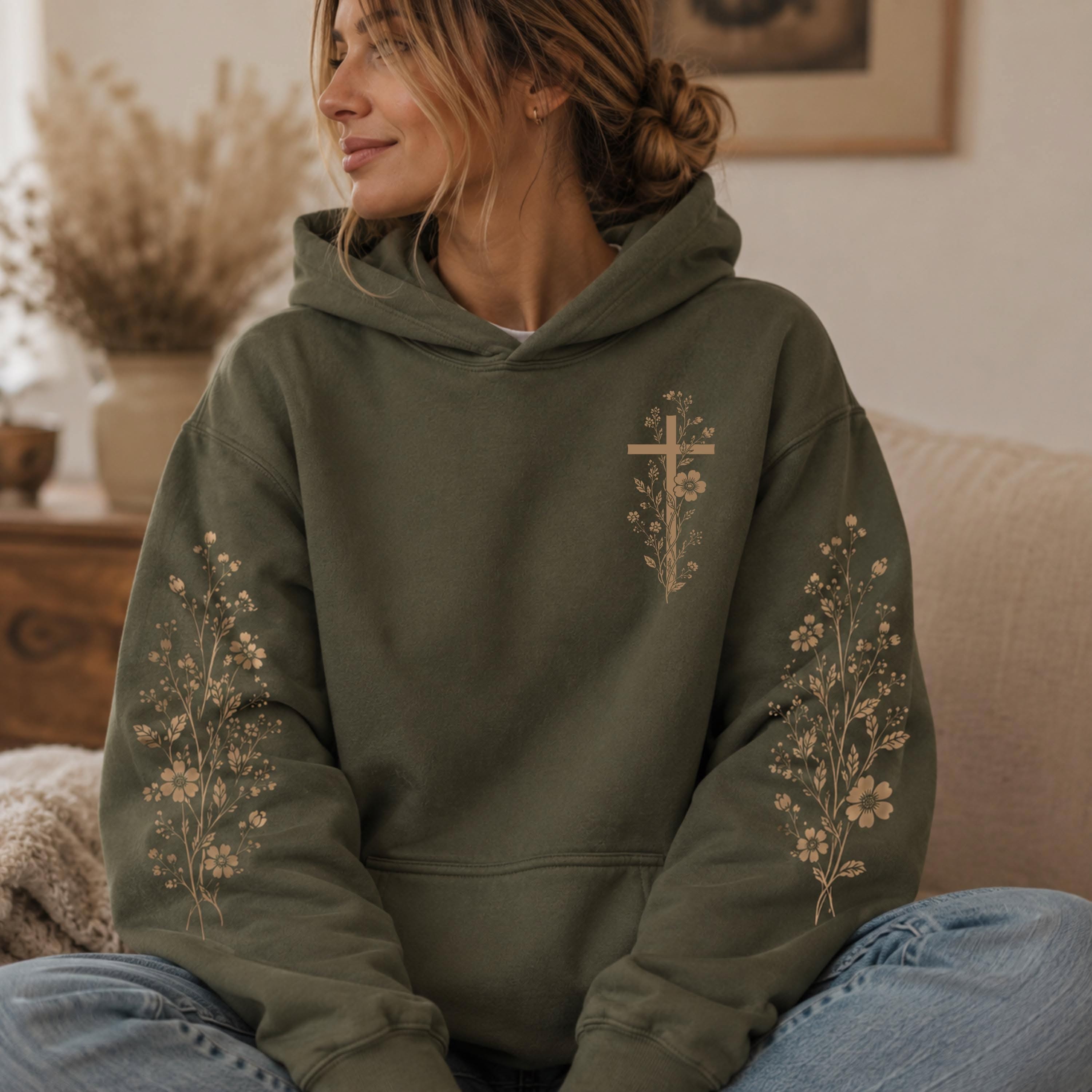 Casual Olive Green Hoodie — Botanical Cross Graphic on Left Chest