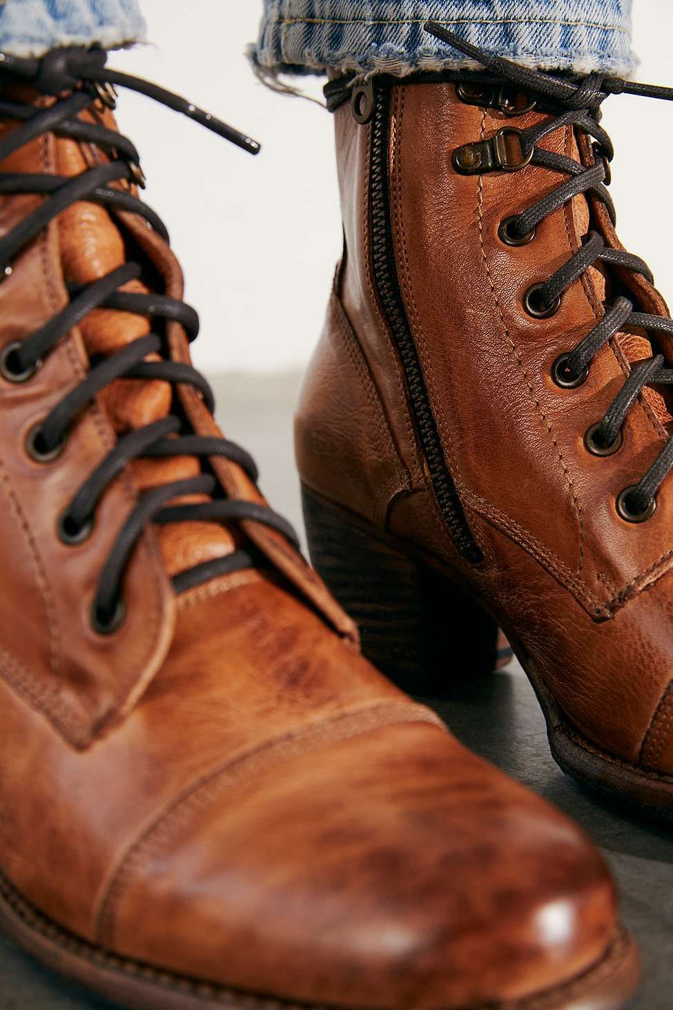 Bed Stu Distressed Brown Ankle Boots — Lace-up Front, Side Zipper