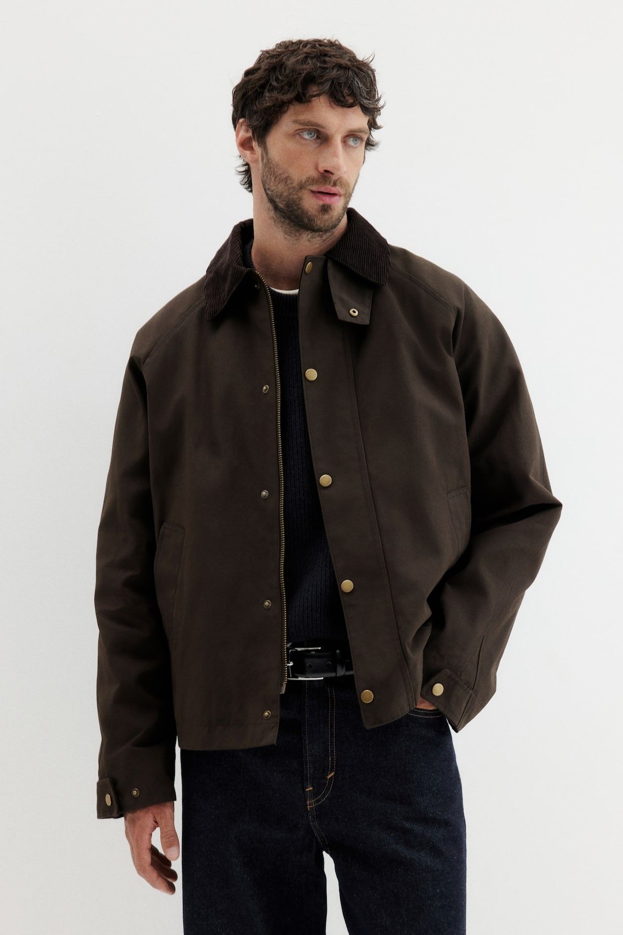 casual dark brown bomber jacket — corduroy collar, gold-tone snap buttons, full zip closure, flap pockets, adjustable cuffs