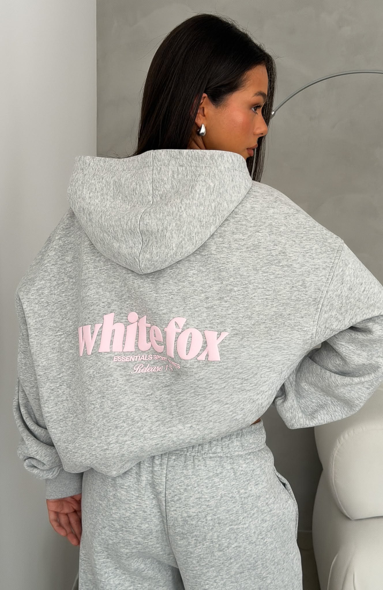 White Fox Heather Grey Hoodie — Hood, Ribbed Cuffs and Hem, Pink
