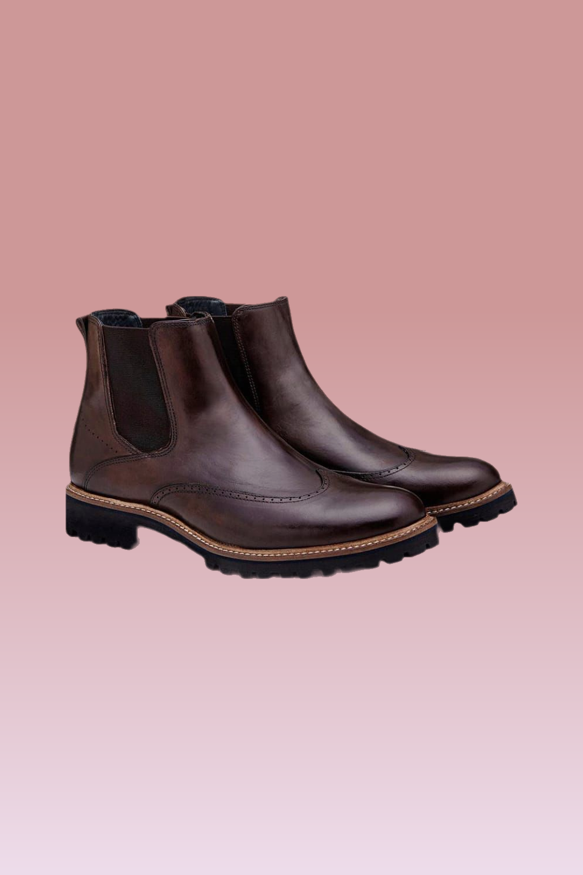 classic dark brown chelsea boots — brogue detailing, elastic side panels, lug sole, pull tab, tan welt stitching