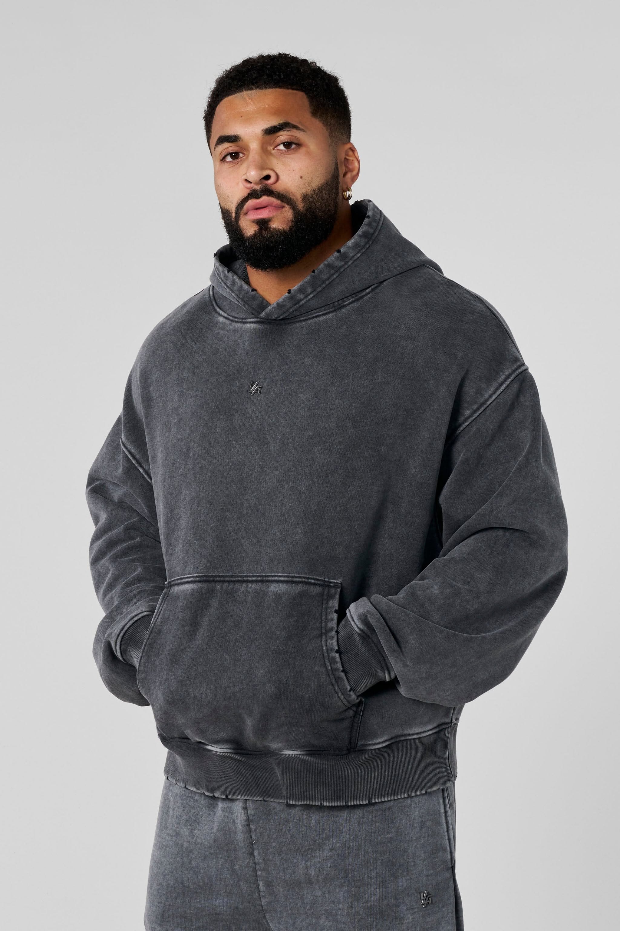 Youngla Charcoal Wash Pullover Hoodie — Washed Finish, Front Kangaroo