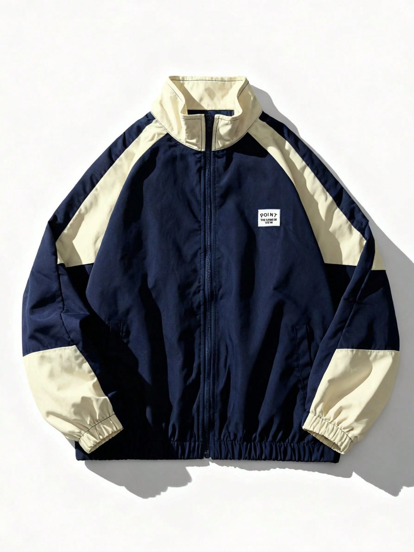 Streetwear Navy Blue and Cream Track Jacket — Mock Neck, Full Zip