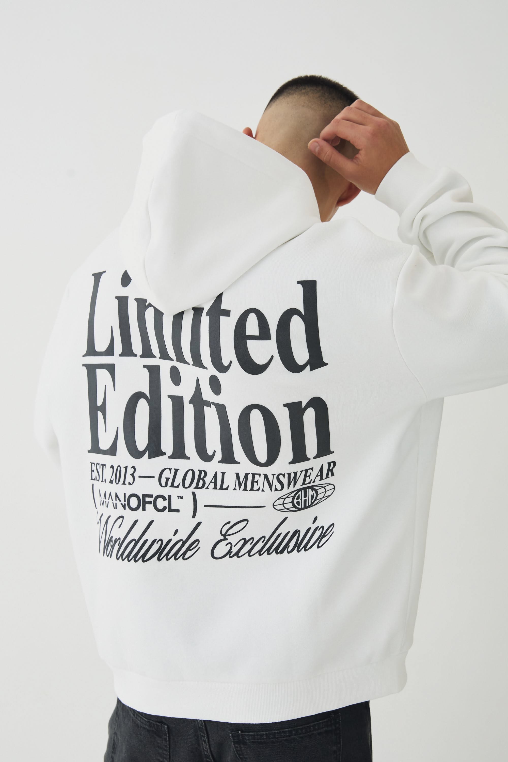Boohooman White Hoodie — Large Black Text Print on Back Reading