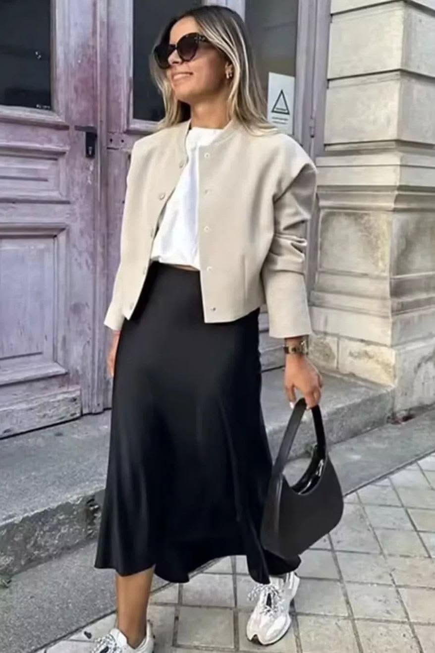 Minimalist Black Midi Skirt — High-waisted, Fluid Drape, Bias-cut
