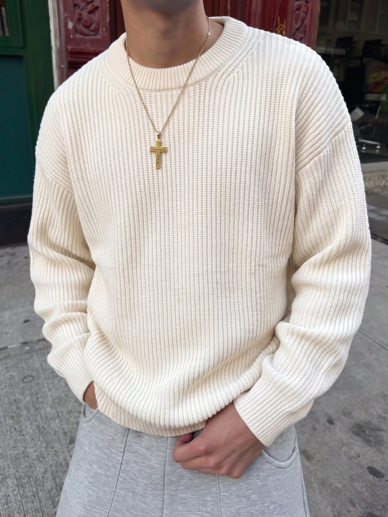 ANDREILEE Off-white Sweater — Crew Neck, Heavy Rib Knit Texture, Drop