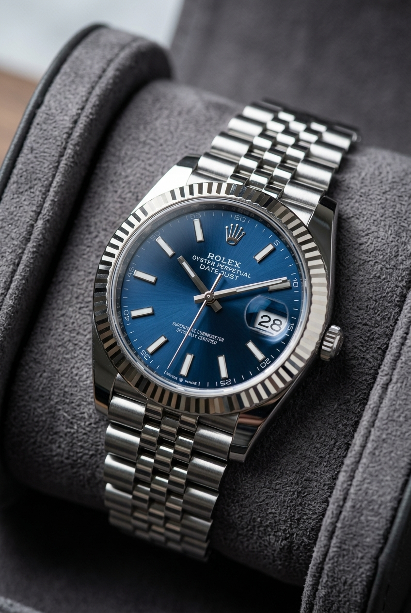 Rolex blue dial, silver-tone wristwatch — fluted bezel, Jubilee bracelet, date display with cyclops lens, baton hour markers, sunburst dial