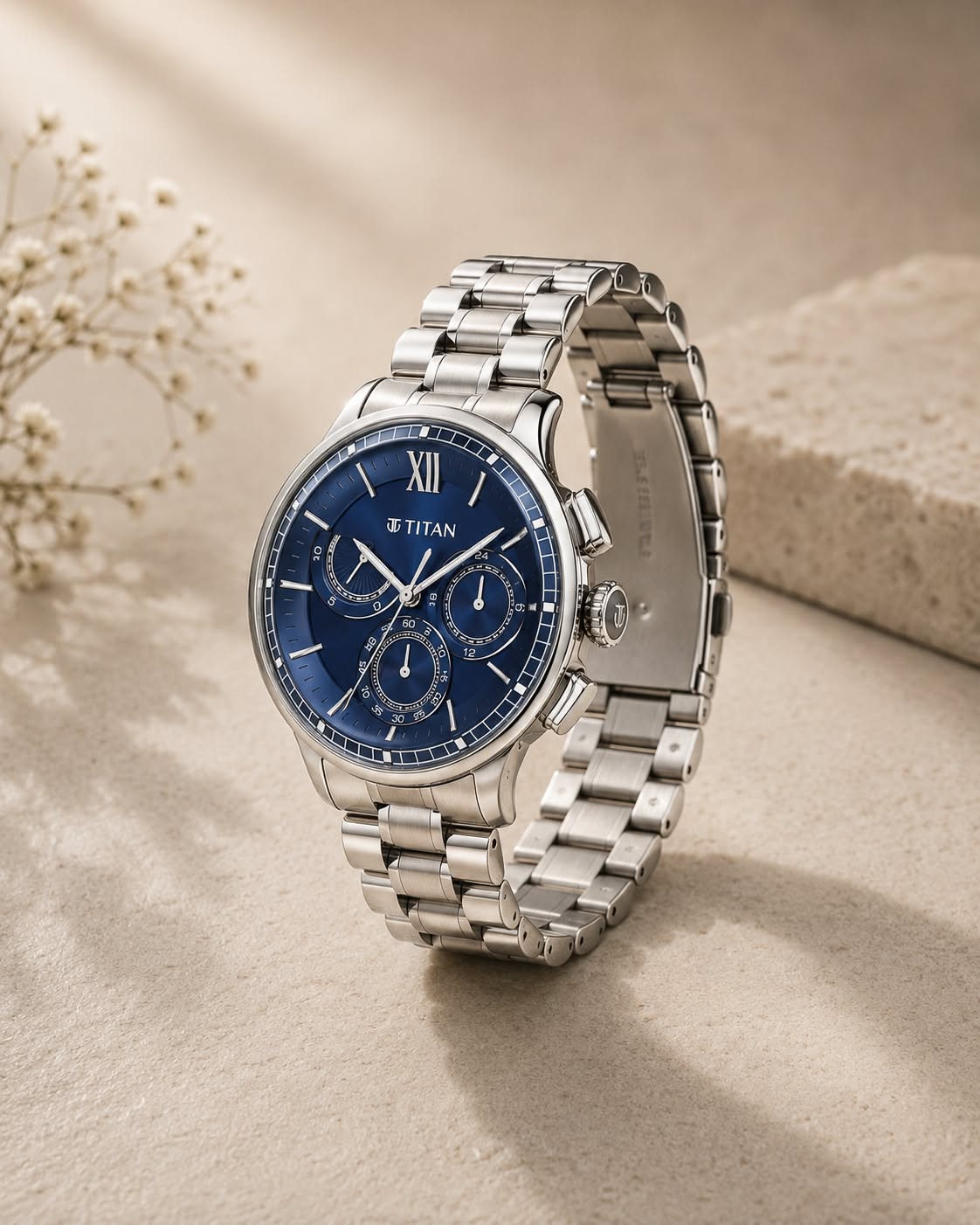 Titan Blue Round Dial Silver Steel Mens Watch — Round Blue Dial