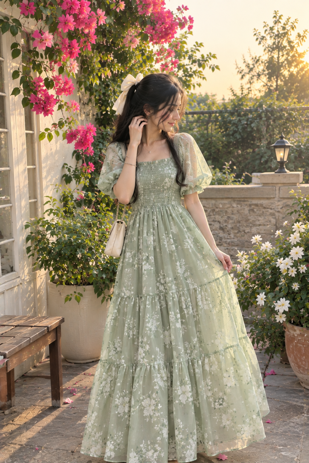 Casual Sage Green Maxi Dress — Square Neckline, Smocked Bodice, Sheer