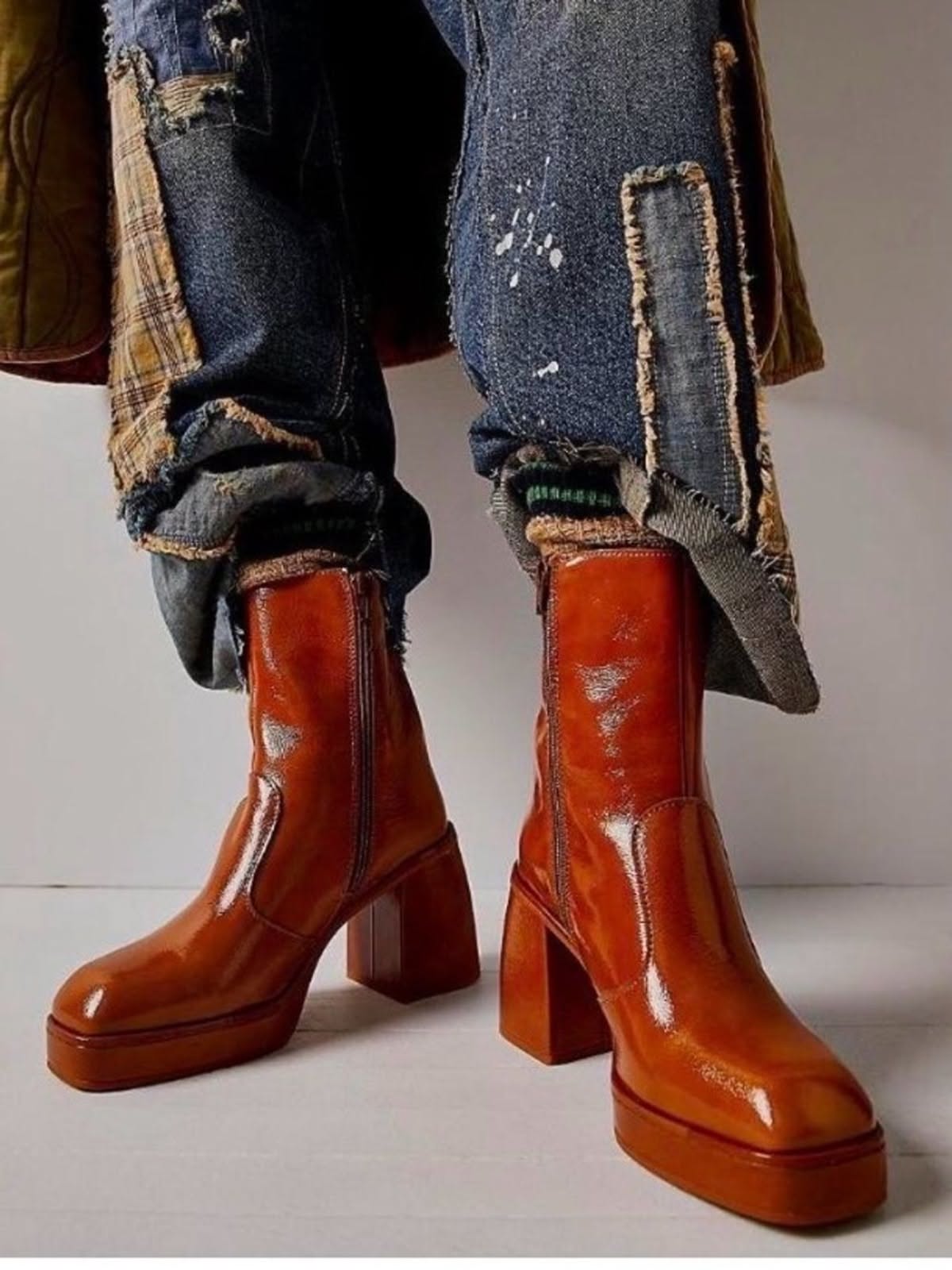 Free People Cognac Patent Leather Ankle Boots — Square Toe, Platform