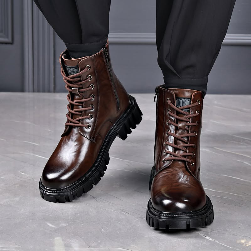 Casual Dark Brown Boots — Lace-up Front, Side Zipper, Chunky Lug