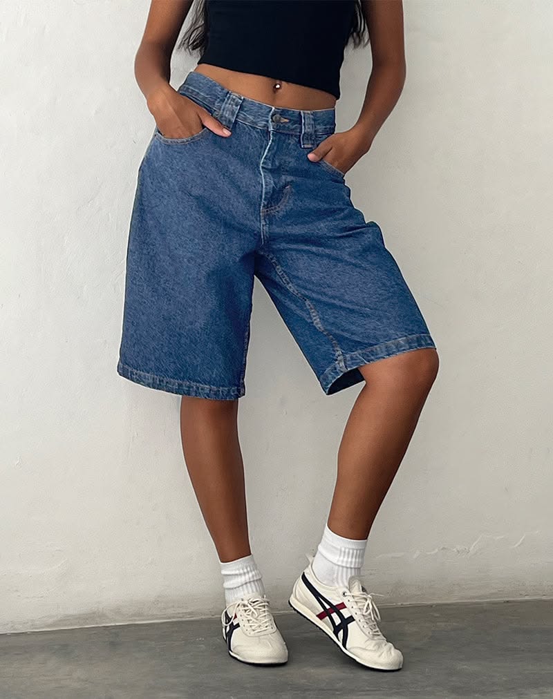 Streetwear Core Blue Stone Denim Shorts — Low Rise, Belt Loops