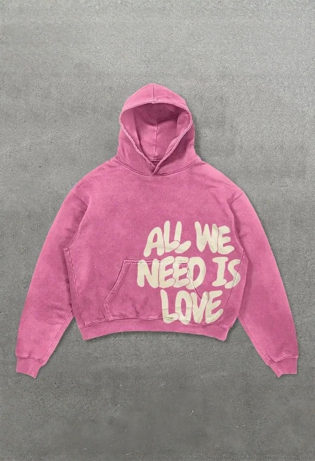 Streetwear Dusty Pink Hoodie — All we Need is Love Text Print, Front