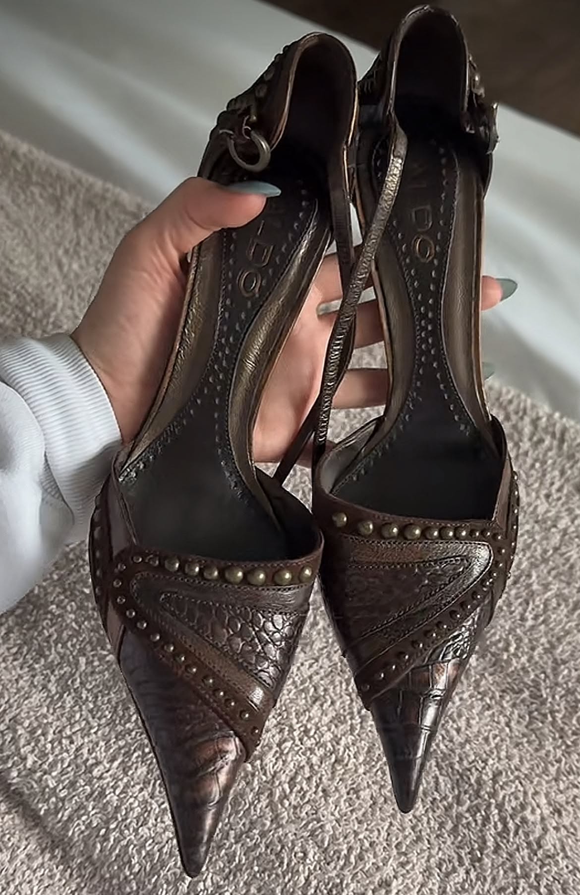 ALDO Dark Brown Slingback Heels — Pointed Toe, Metal Studs, Slingback
