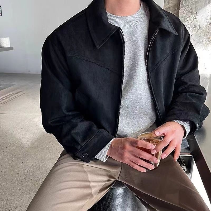 Streetwear Black Suede Bomber Jacket — Full Zip Front, Pointed