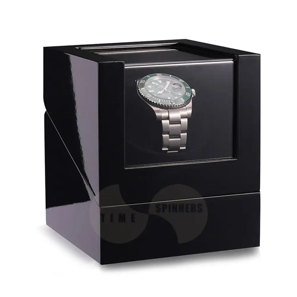 luxury glossy black watch winder — single watch display, clear viewing window, rotating mechanism, square shape, beveled edges