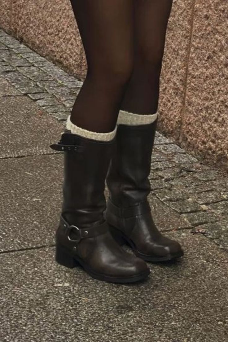 casual dark brown knee-high boots — harness ring detail, adjustable buckle straps, low block heel, round toe